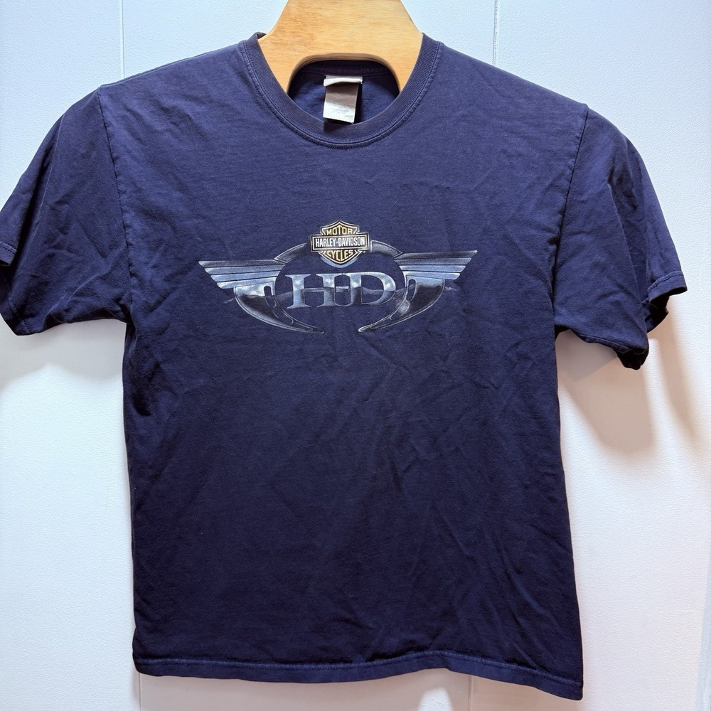 Harley Davidson Shirt Men's Size Large Navy Blue Short Sleeve Eagle Double Sided